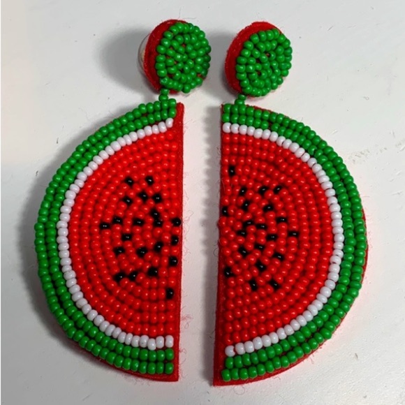 Watermelon Fruit Seed Bead Earrings - Picture 4 of 7